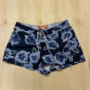 Vintage Action Swim Shorts Womens M Blue Hawaiian Floral Board Shorts Tropical